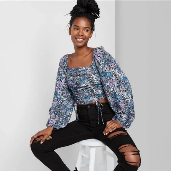 Wild Fable Floral Teal Crop Top - Picture 1 of 3